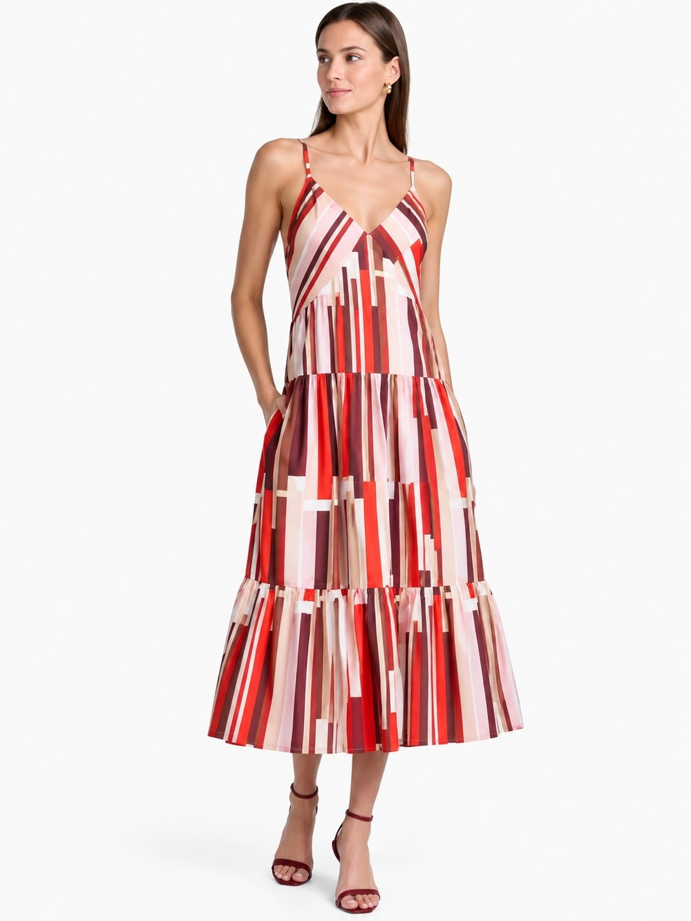 NWT(BCBGMaxAzria)Striped V-Neck Midi Dress in Red, Brown, Orange, Pink on White.